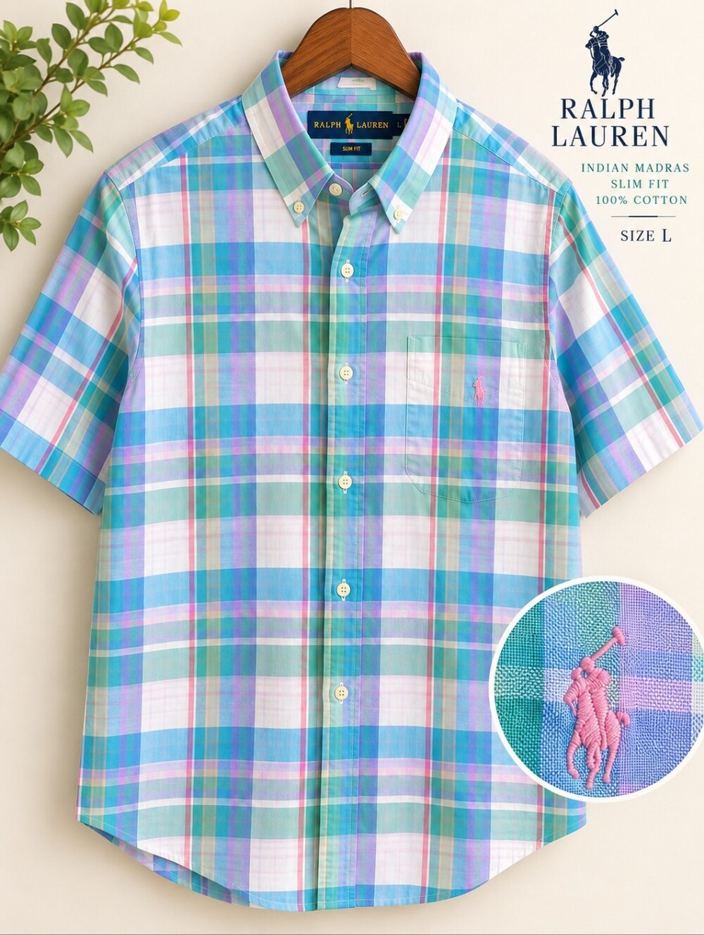 Ralph Lauren Indian Madras Plaid Shirt Mens Large Slim Fit 100% Cotton